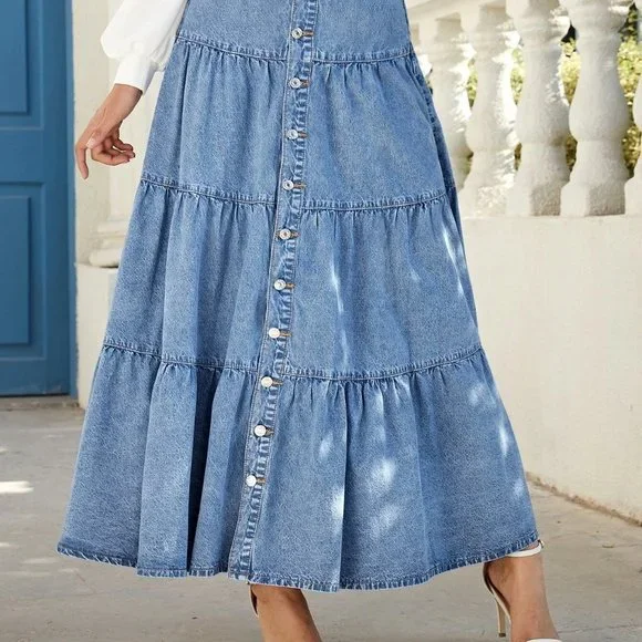 Blue Casual Womens Button Front Ruffle Hem Denim Skirt - Picture 3 of 5